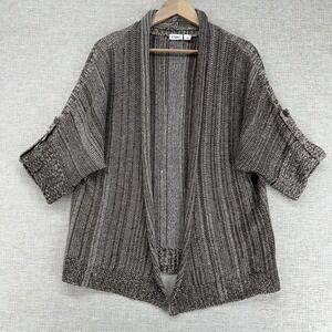 Cato Cardigan Sweater Women Large Brown Striped Open Front Short Roll Tab Sleeve